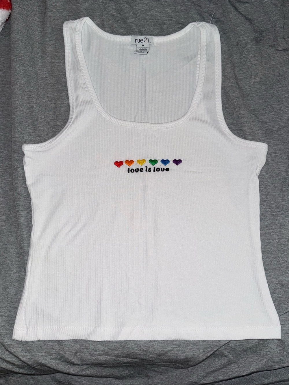 rue21 White Ribbed Tank with Rainbow Heart 'Love Is Love' Embroidery